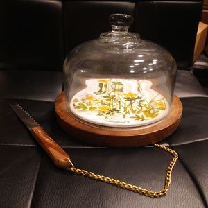 Vintage Mid Century Good wood Glass Cloche and Teak Wood Cheese Board Dome